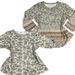 LOFT & One World Green and Orange Patterned Long Sleeve Tops